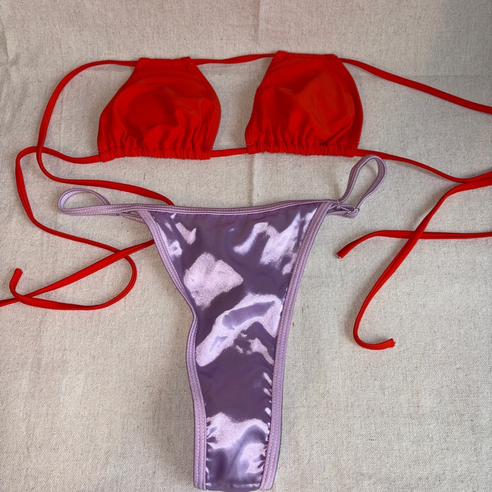 SHEIN Swim Thong Bikini Set Pink Red Sz L